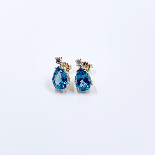 Vintage 14k Gold Blue Topaz & Sapphire Tear Drop Stud Earrings