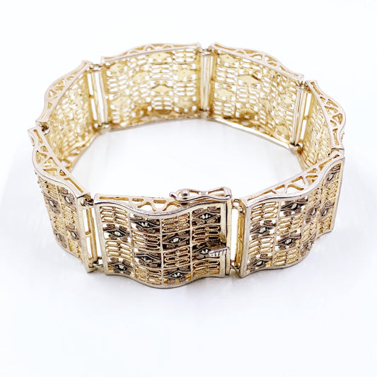 Vintage German Filigree Sterling Silver Panel Bracelet, German Floral Art Deco Style Bracelet