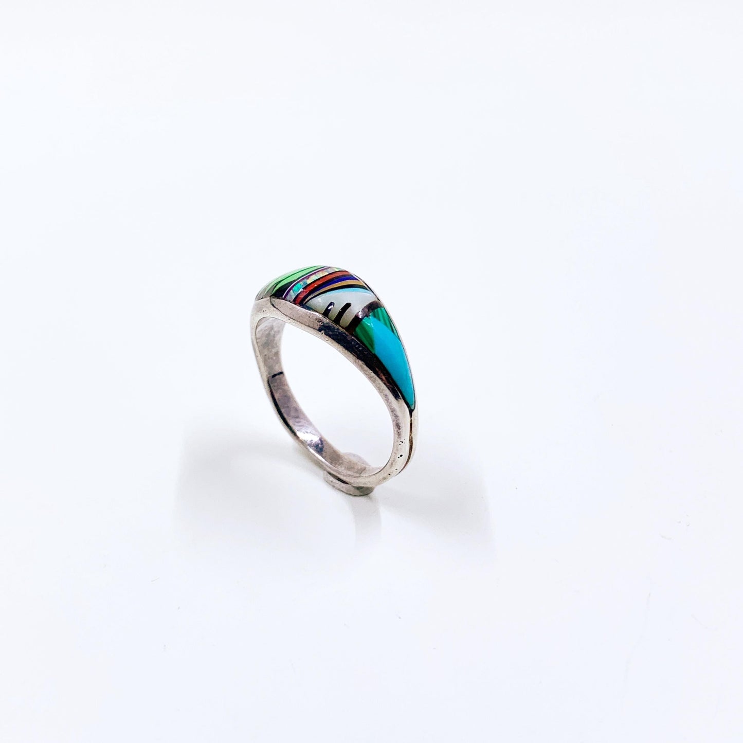 Vintage Sterling Multi Gemstone Inlay Ring, Southwest Inlay Ring, Size 9 1/4 Ring