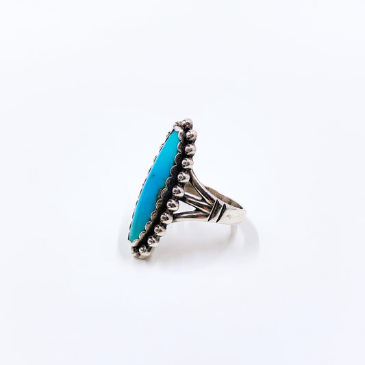 Vintage Sterling Southwest Turquoise Navette Ring, Size 8 Ring