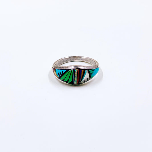 Vintage Sterling Multi Gemstone Inlay Ring, Southwest Inlay Ring, Size 9 1/4 Ring