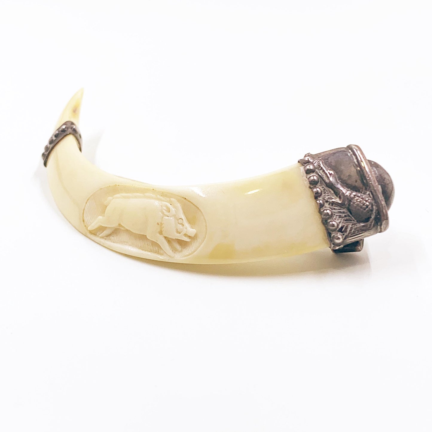 Antique Victorian Boar Tusk Brooch,  Silver Hunting Trophy Carved Animal Brooch