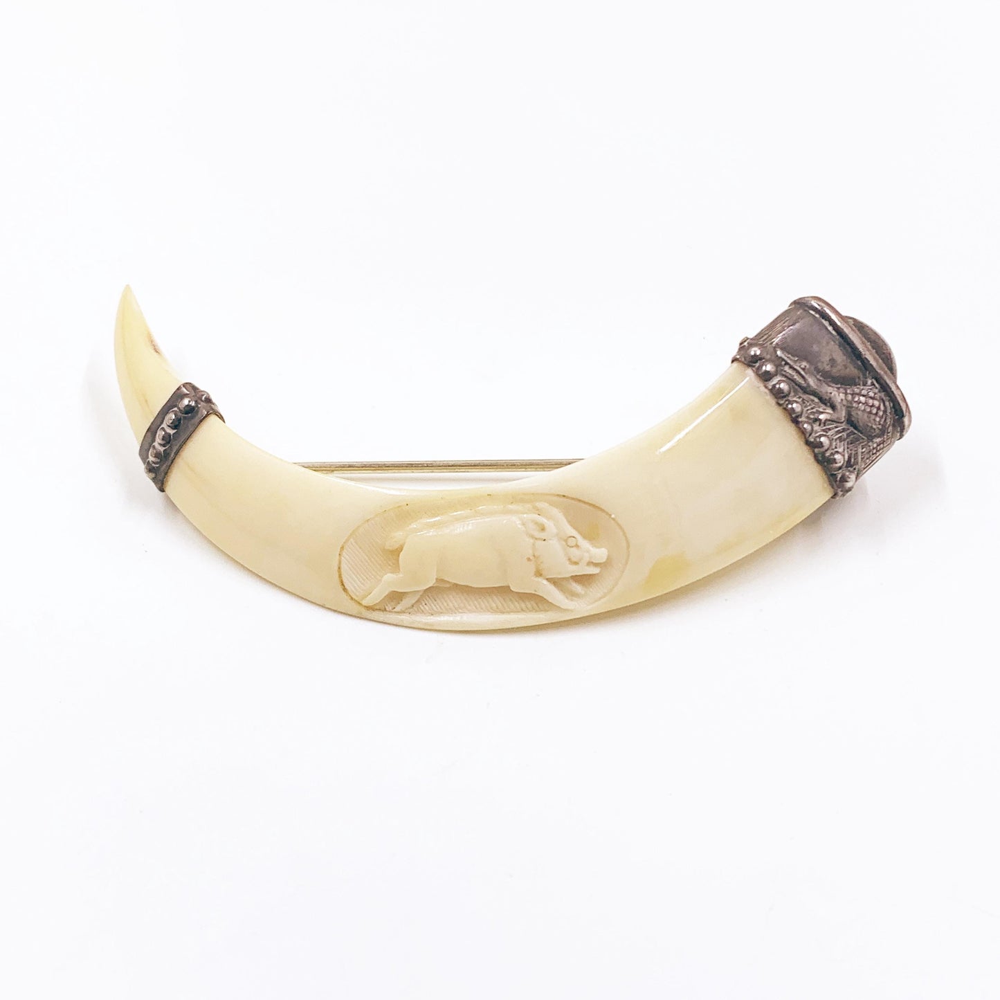Antique Victorian Boar Tusk Brooch,  Silver Hunting Trophy Carved Animal Brooch