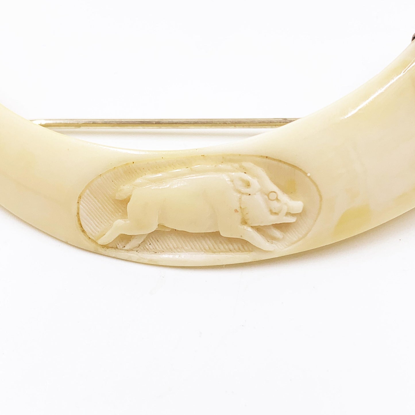 Antique Victorian Boar Tusk Brooch,  Silver Hunting Trophy Carved Animal Brooch