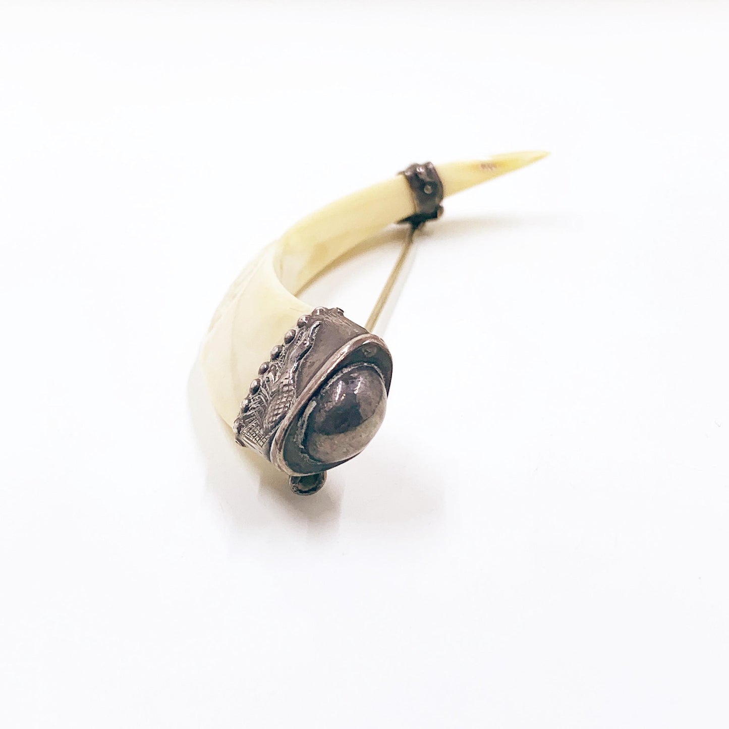 Antique Victorian Boar Tusk Brooch,  Silver Hunting Trophy Carved Animal Brooch
