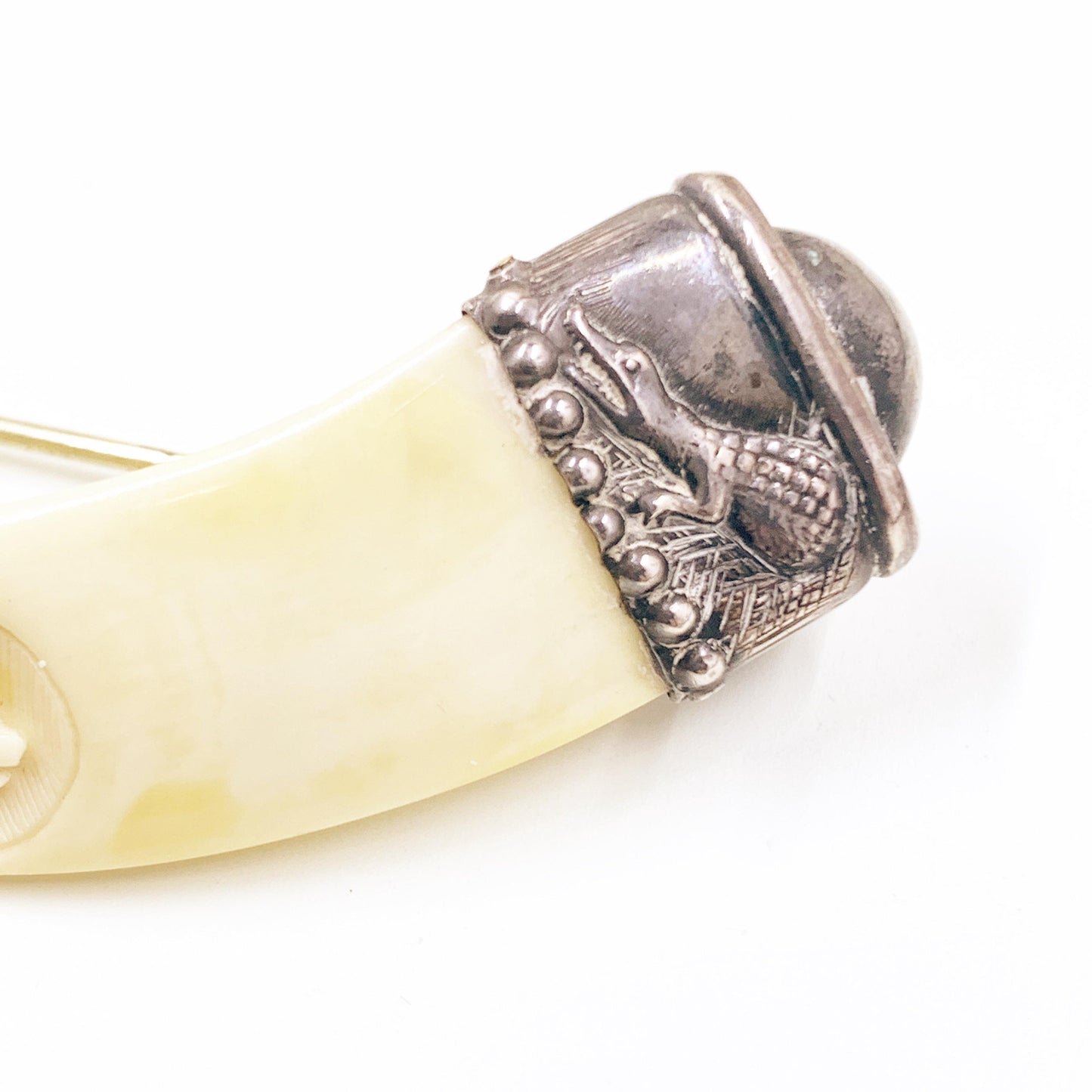 Antique Victorian Boar Tusk Brooch,  Silver Hunting Trophy Carved Animal Brooch