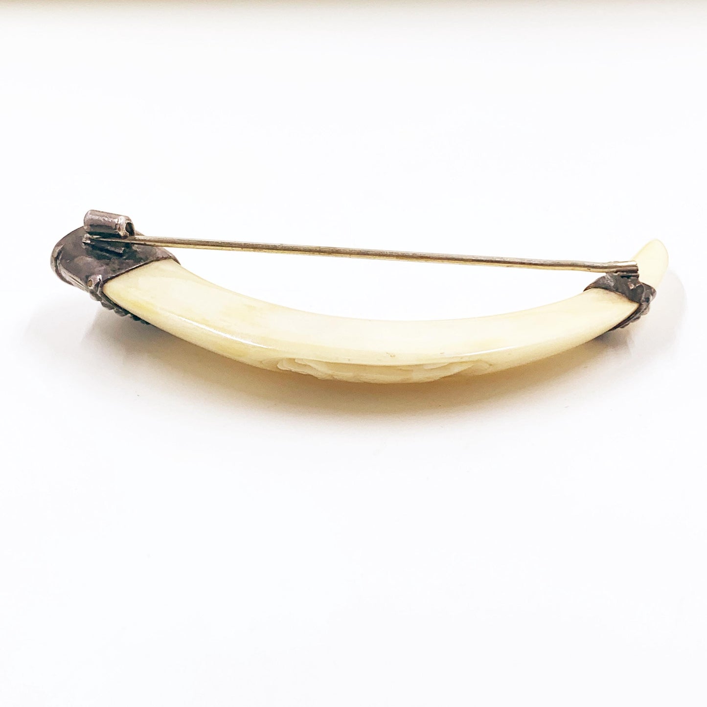 Antique Victorian Boar Tusk Brooch,  Silver Hunting Trophy Carved Animal Brooch