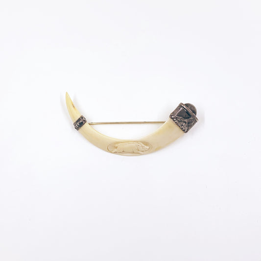 Antique Victorian Boar Tusk Brooch,  Silver Hunting Trophy Carved Animal Brooch