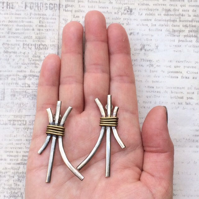 Vintage Modernist Silver Wire Earrings | Wire Wrapped Earrings