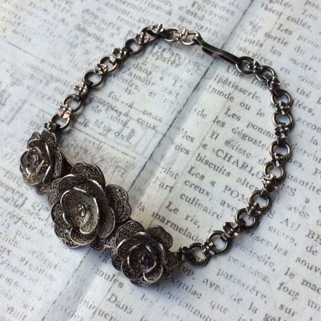 Vintage Rose Filigree Bracelet | Floral Link Bracelet | Vintage Filigree