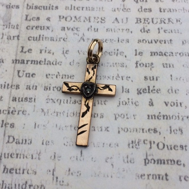 Vintage Engraved Gold Cross Pendant | Diamond and Heart