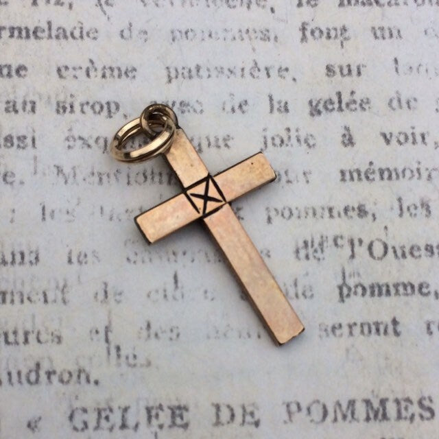 Vintage Engraved Gold Cross Pendant | Diamond and Heart