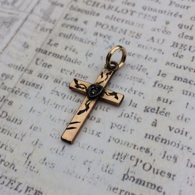 Vintage Engraved Gold Cross Pendant | Diamond and Heart