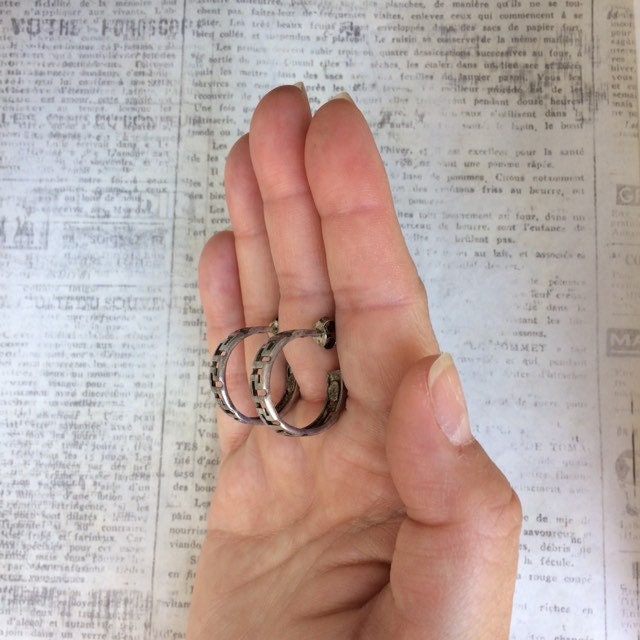 Vintage Silver Greek Key Hoop Earrings | Silver Half Hoops