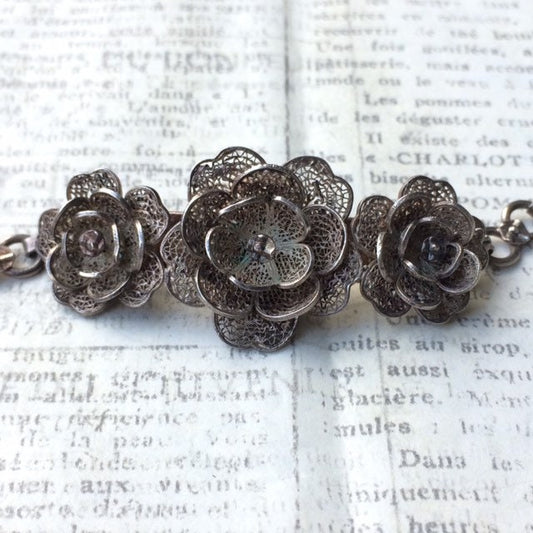 Vintage Rose Filigree Bracelet | Floral Link Bracelet | Vintage Filigree