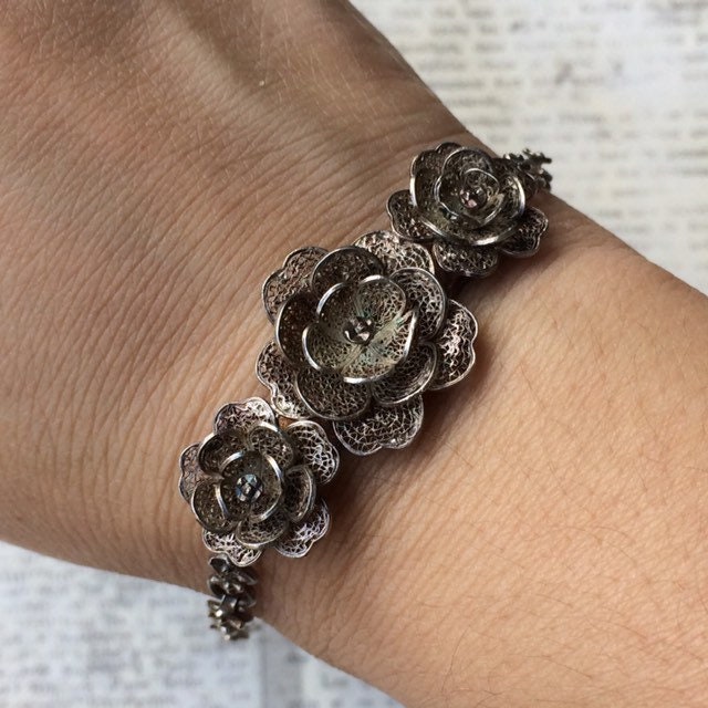 Vintage Rose Filigree Bracelet | Floral Link Bracelet | Vintage Filigree