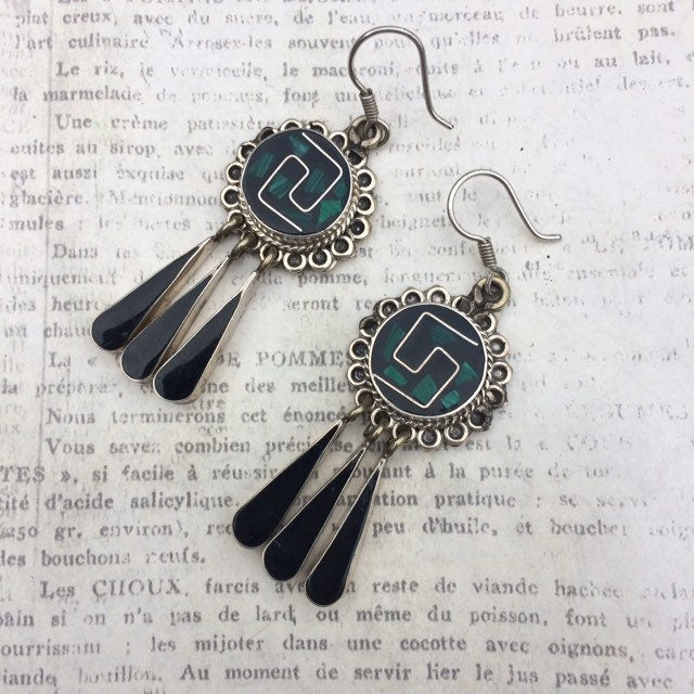Vintage Silver Mexican Inlay Earrings | Malachite and Black Enamel Inlay