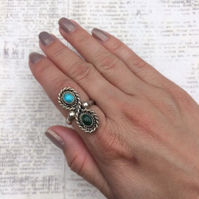 Vintage Silver Two Stone Turquoise Ring | Southwest Jewelry | Silver Turquoise Long Ring | Size 6 1/2 Ring