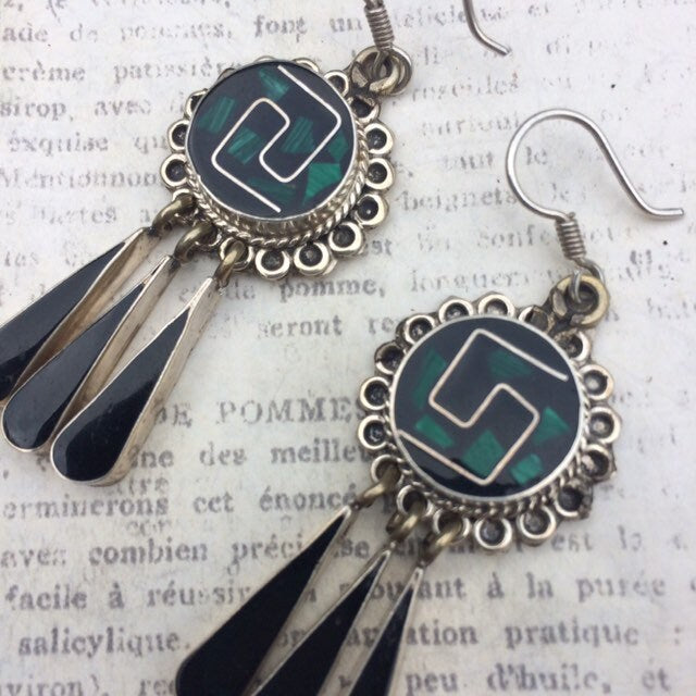 Vintage Silver Mexican Inlay Earrings | Malachite and Black Enamel Inlay