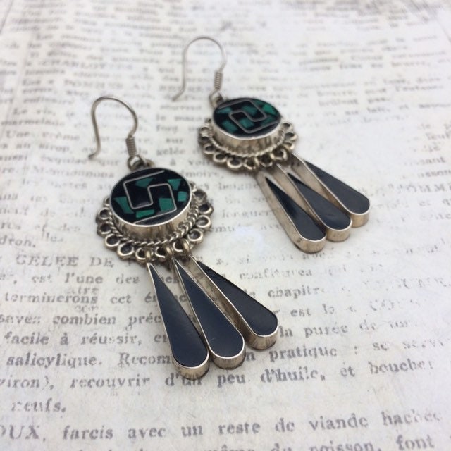 Vintage Silver Mexican Inlay Earrings | Malachite and Black Enamel Inlay