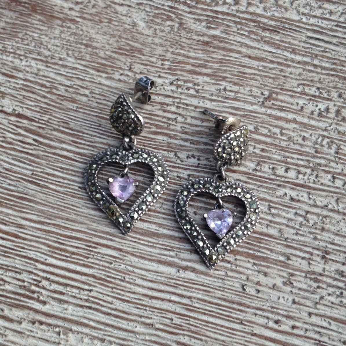 Vintage Silver Marcasite Heart Earrings | Amethyst Heart Drop Earrings