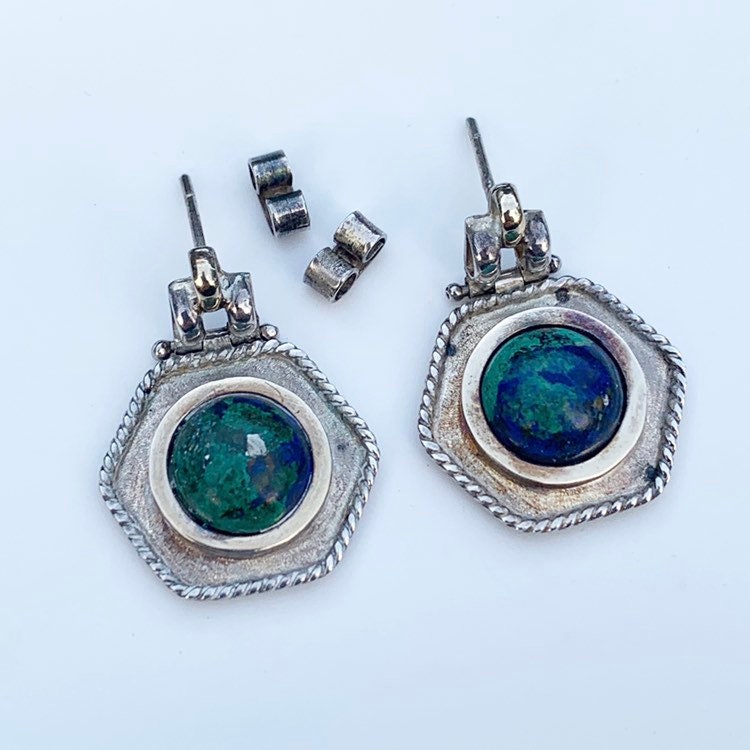 Silver Azurmalachite Hexagon Earrings | Azurite and Malachite