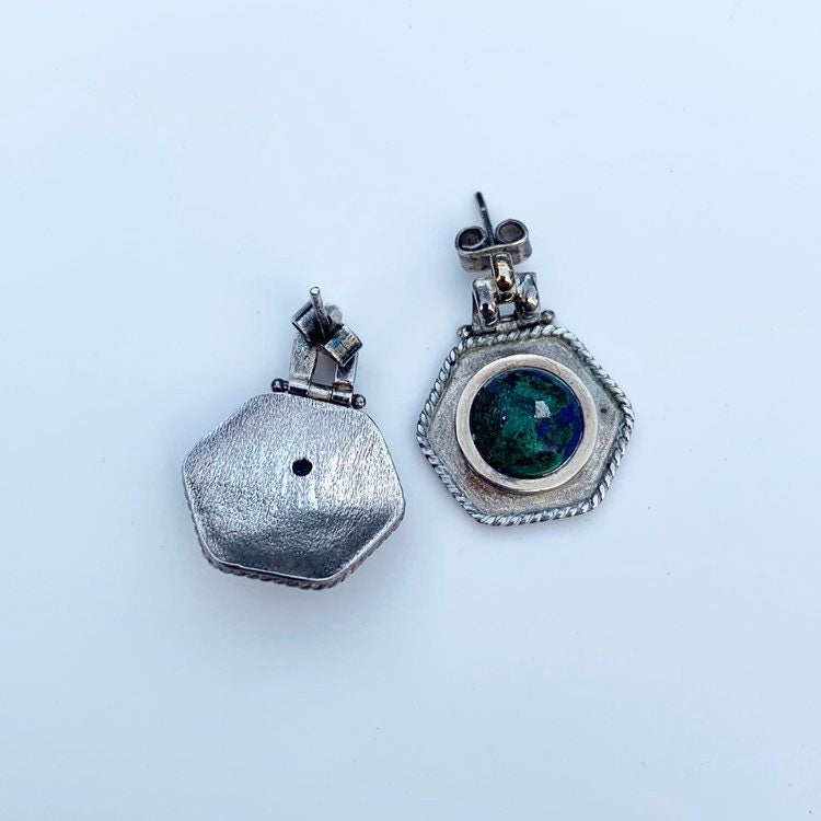 Silver Azurmalachite Hexagon Earrings | Azurite and Malachite