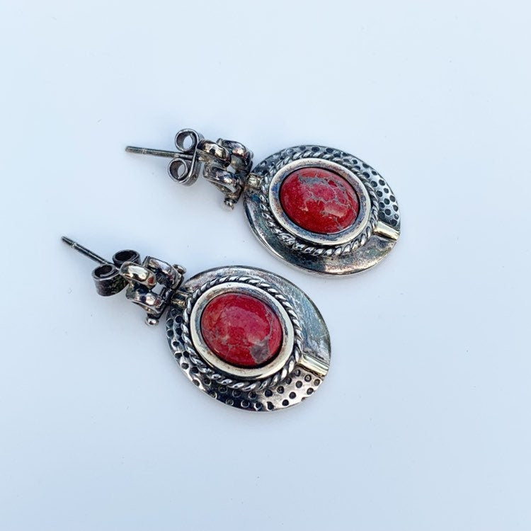 Silver Red Jasper Oval Earrings