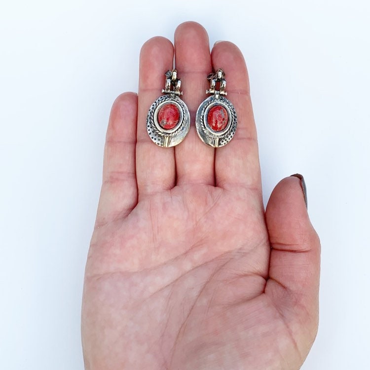 Silver Red Jasper Oval Earrings