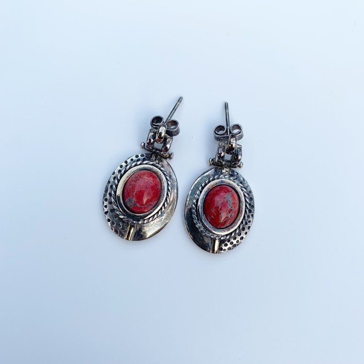 Silver Red Jasper Oval Earrings