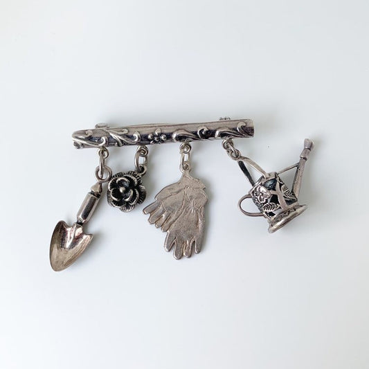 Vintage Silver Gardening Charm Brooch | Gardening Charms