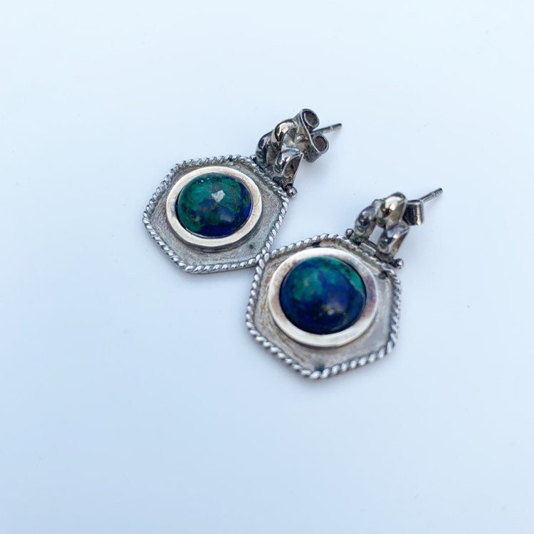 Silver Azurmalachite Hexagon Earrings | Azurite and Malachite