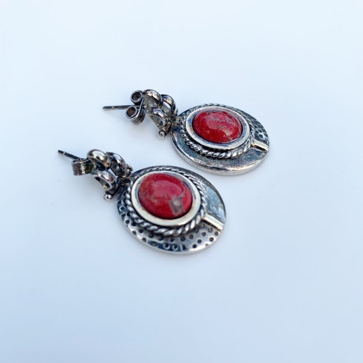 Silver Red Jasper Oval Earrings