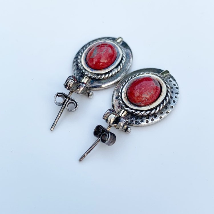 Silver Red Jasper Oval Earrings