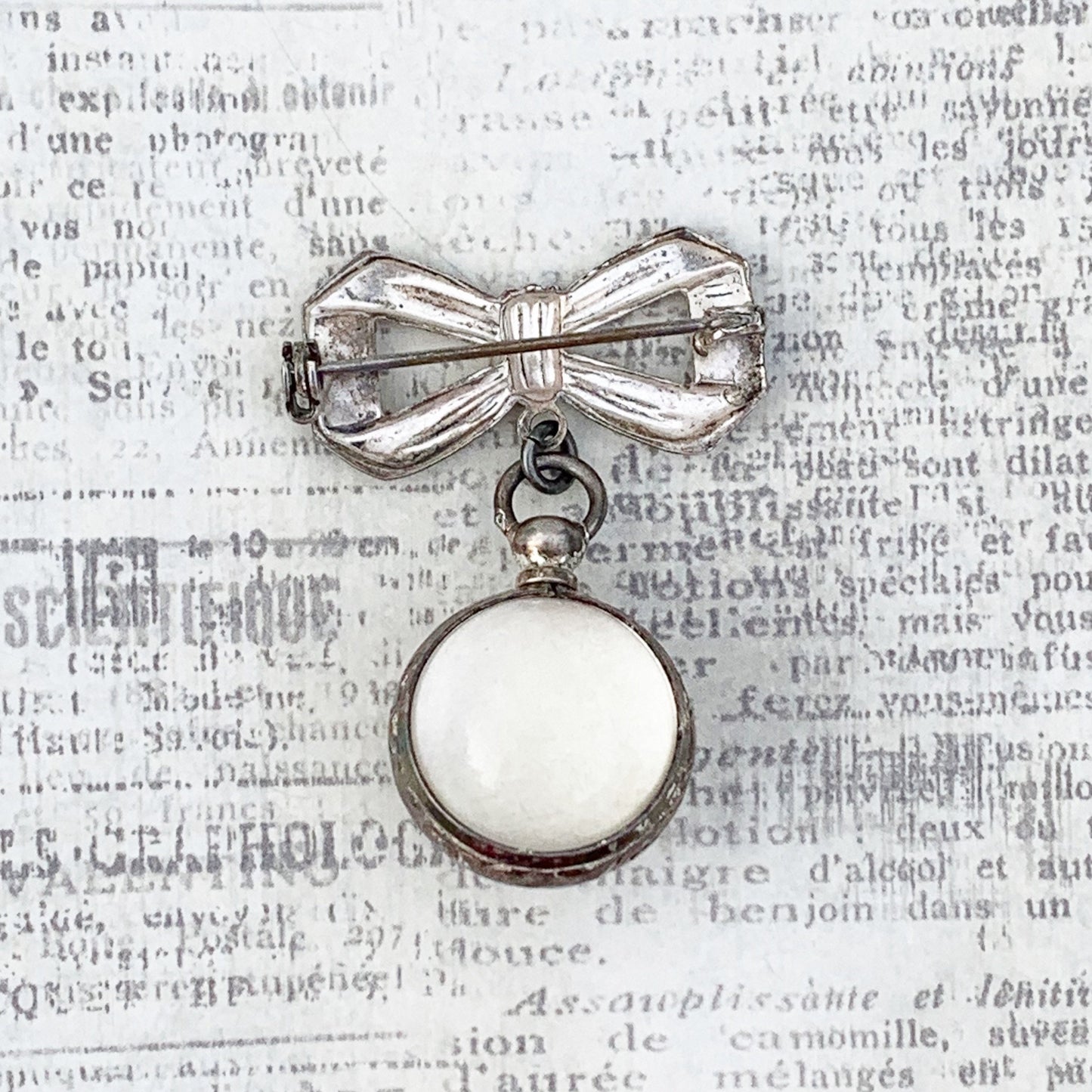 Vintage Silver Bow Lapel Pin with Bubble Ball Locket | Double Sided Photo Locket