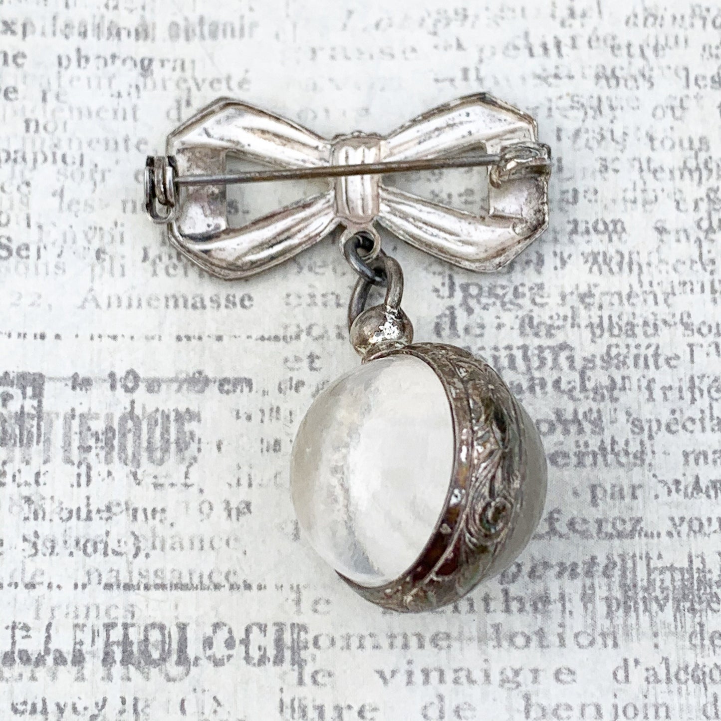 Vintage Silver Bow Lapel Pin with Bubble Ball Locket | Double Sided Photo Locket