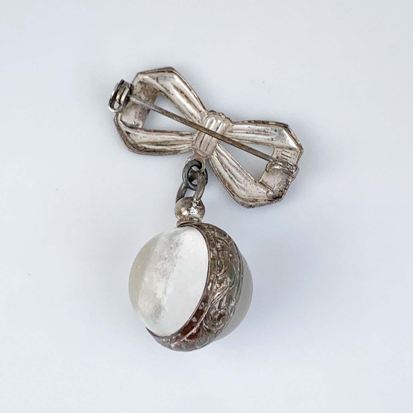 Vintage Silver Bow Lapel Pin with Bubble Ball Locket | Double Sided Photo Locket