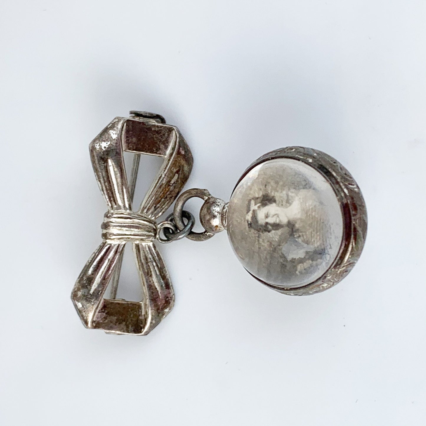 Vintage Silver Bow Lapel Pin with Bubble Ball Locket | Double Sided Photo Locket