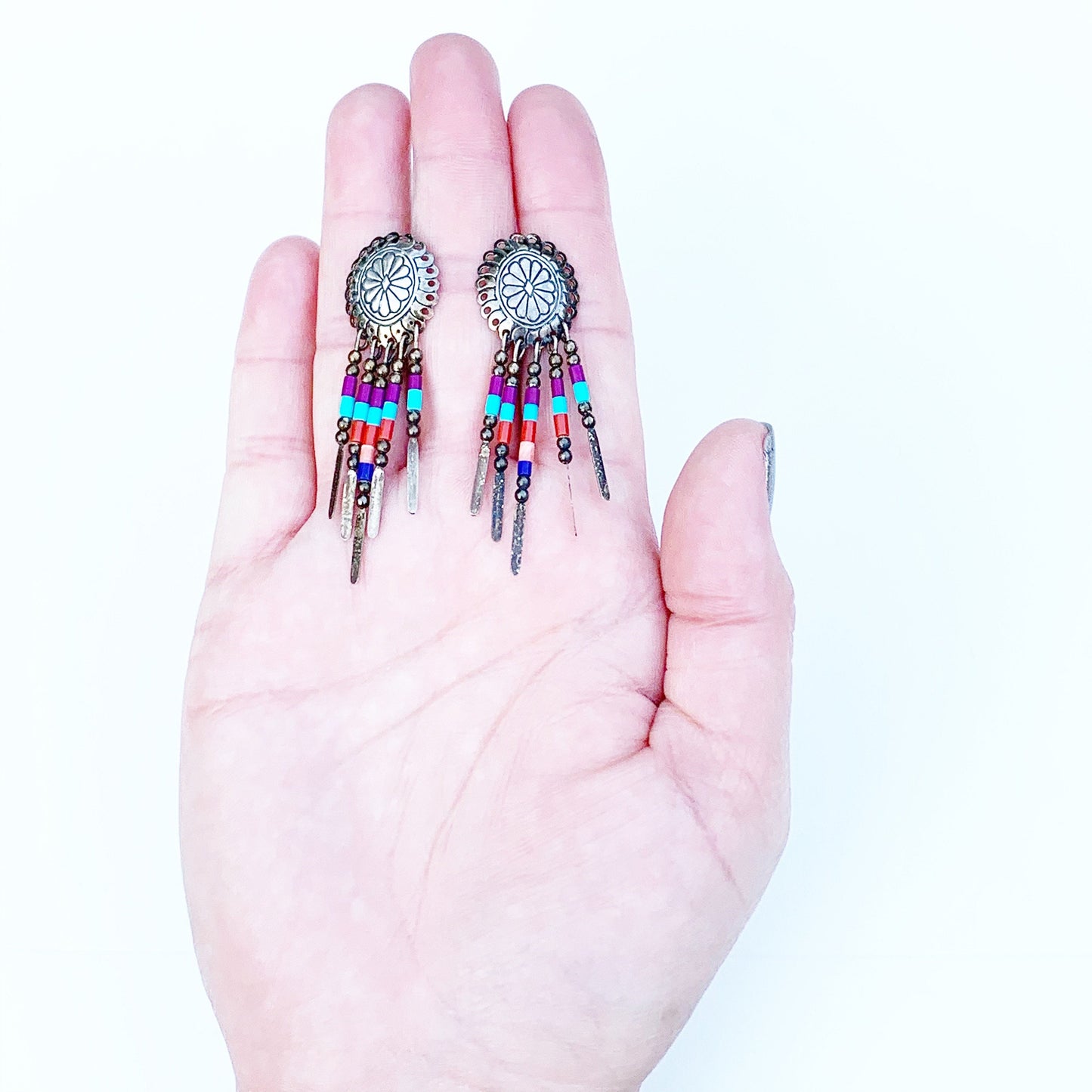 Silver Concho Beaded Tassel Earrings | Multi-Stone | Southwest Dangle Earrings