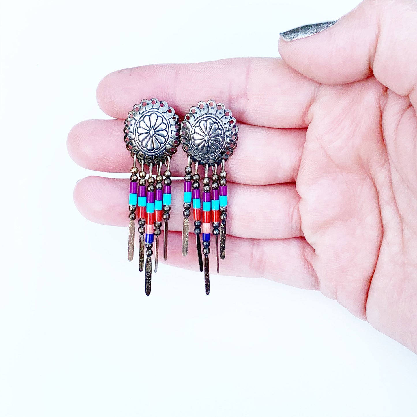 Silver Concho Beaded Tassel Earrings | Multi-Stone | Southwest Dangle Earrings