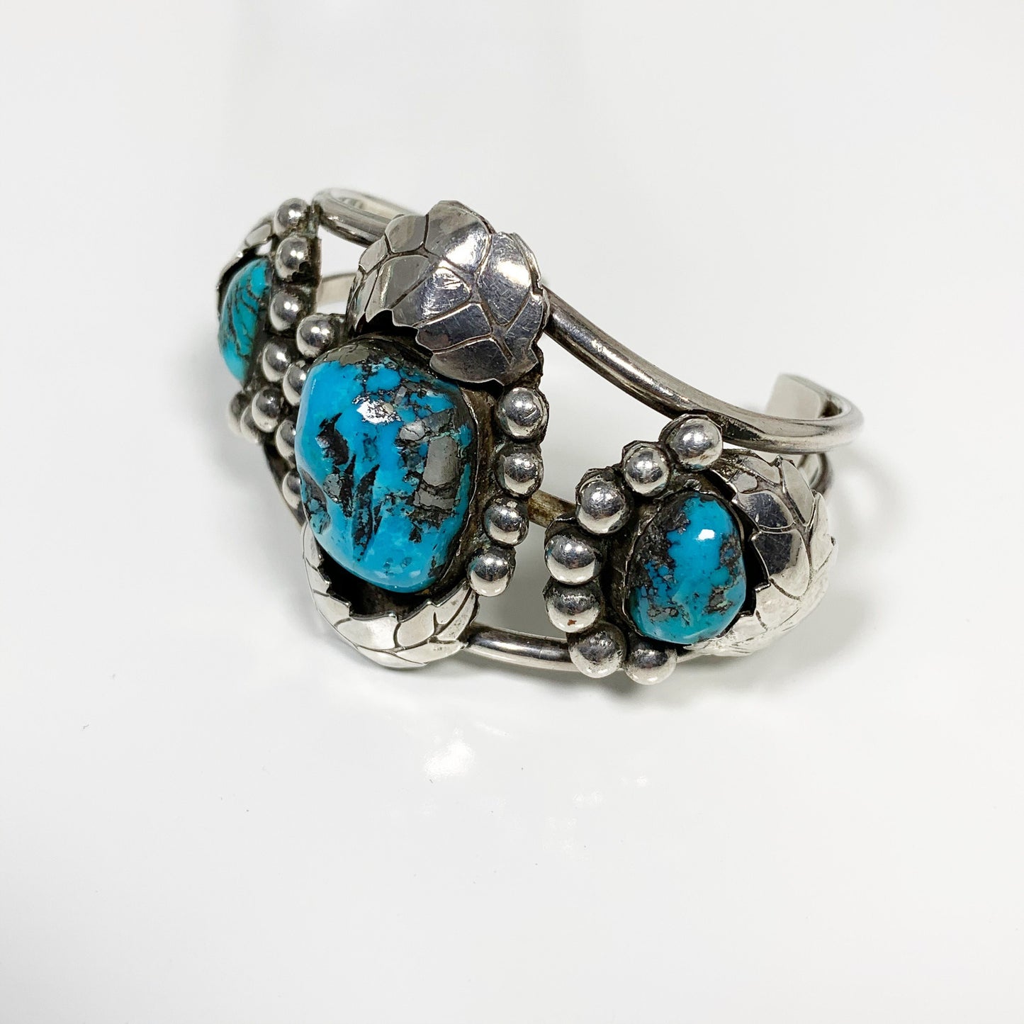 Vintage Silver Three Stone Turquoise Cuff | Morenci Turquoise Cuff | Southwest Silver Cuff Bracelet