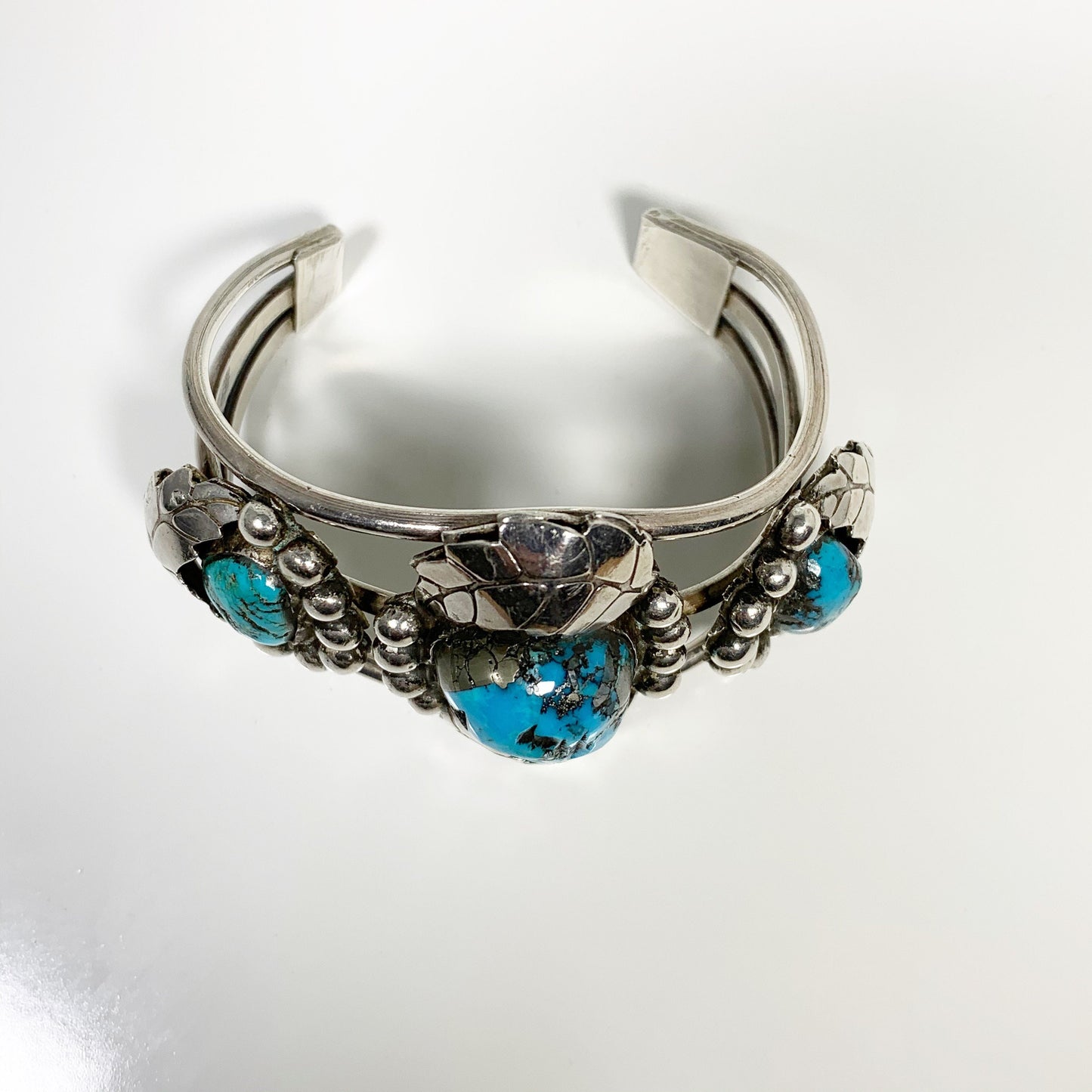 Vintage Silver Three Stone Turquoise Cuff | Morenci Turquoise Cuff | Southwest Silver Cuff Bracelet