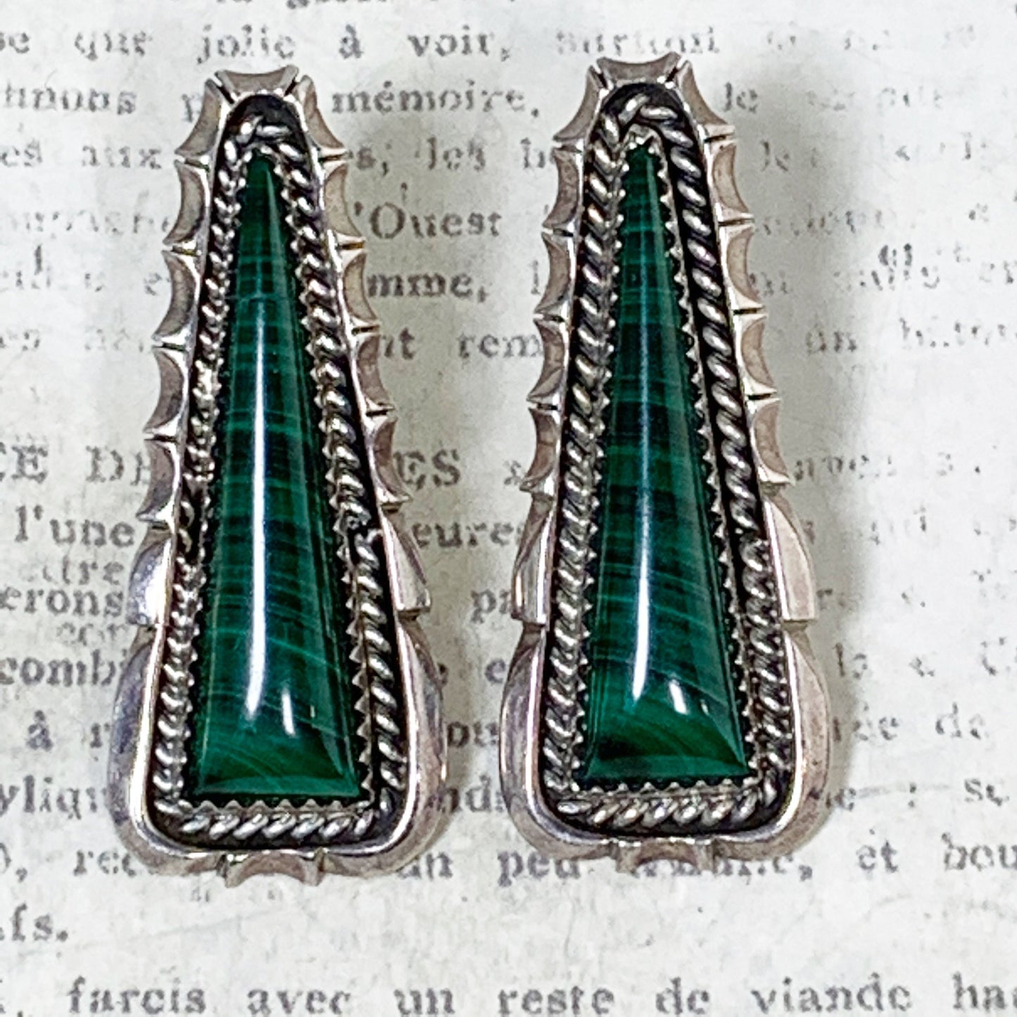 Vintage Silver Malachite Earrings | Navajo James Francisco | Native American Silver