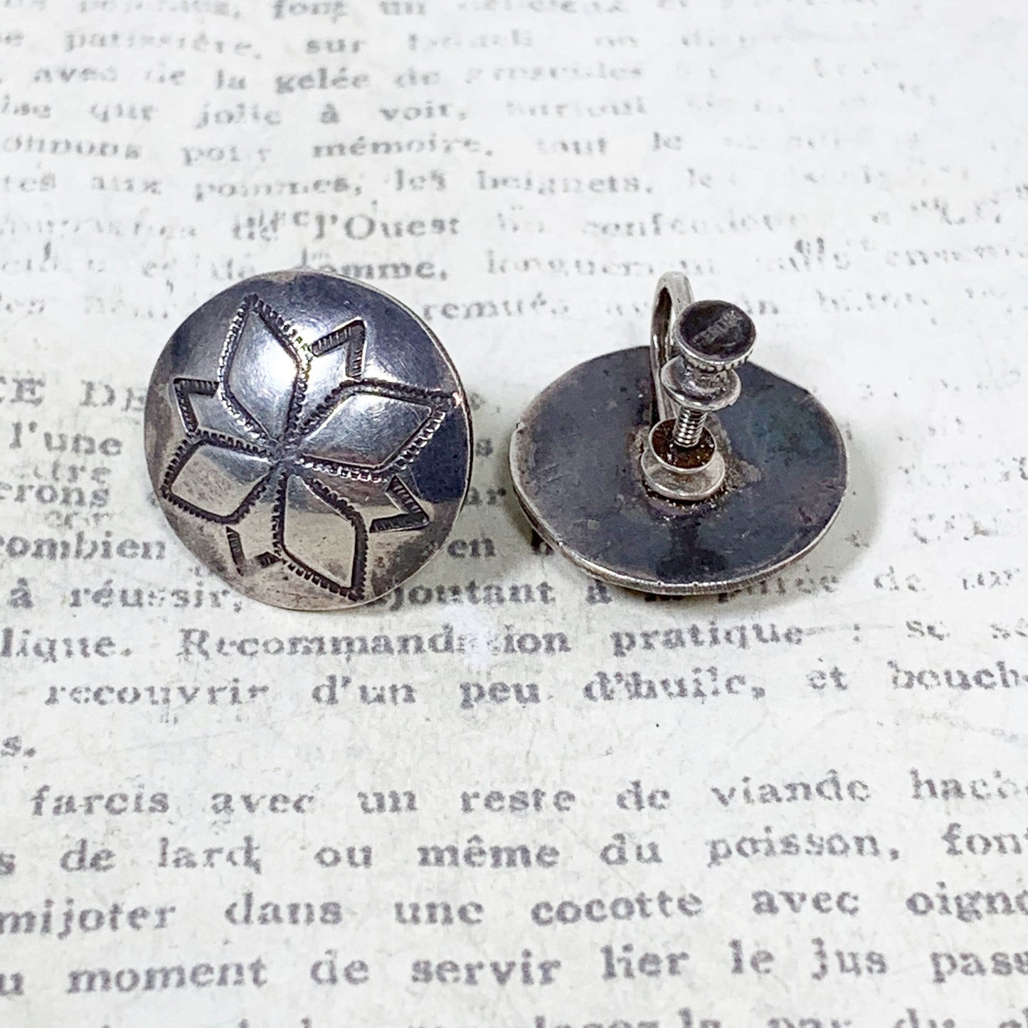 Vintage Silver Concho Stamped Earrings | Southwest Silver Conchos | Morning Star Screwback Earrings