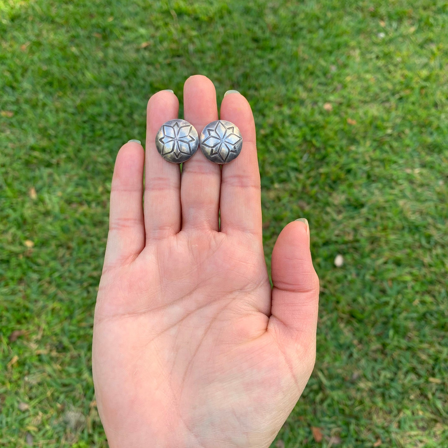 Vintage Silver Concho Stamped Earrings | Southwest Silver Conchos | Morning Star Screwback Earrings