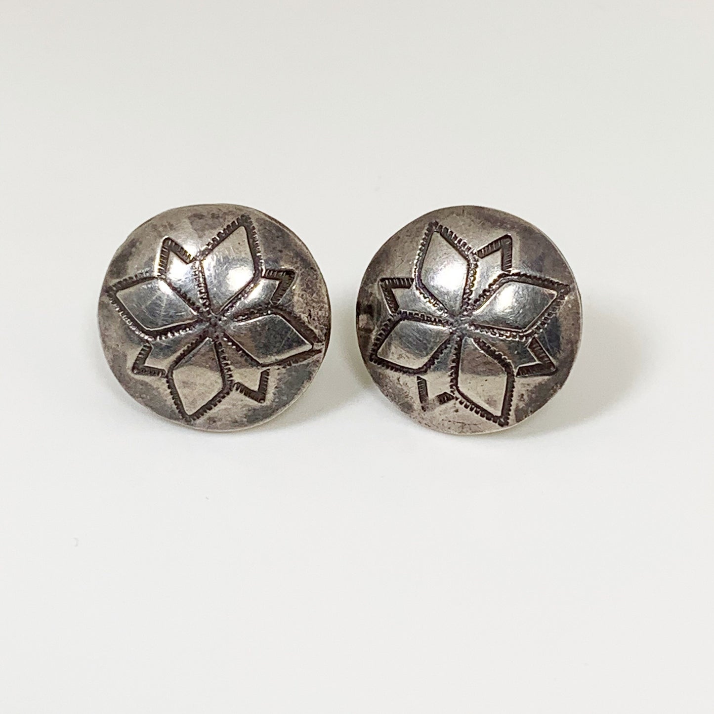 Vintage Silver Concho Stamped Earrings | Southwest Silver Conchos | Morning Star Screwback Earrings