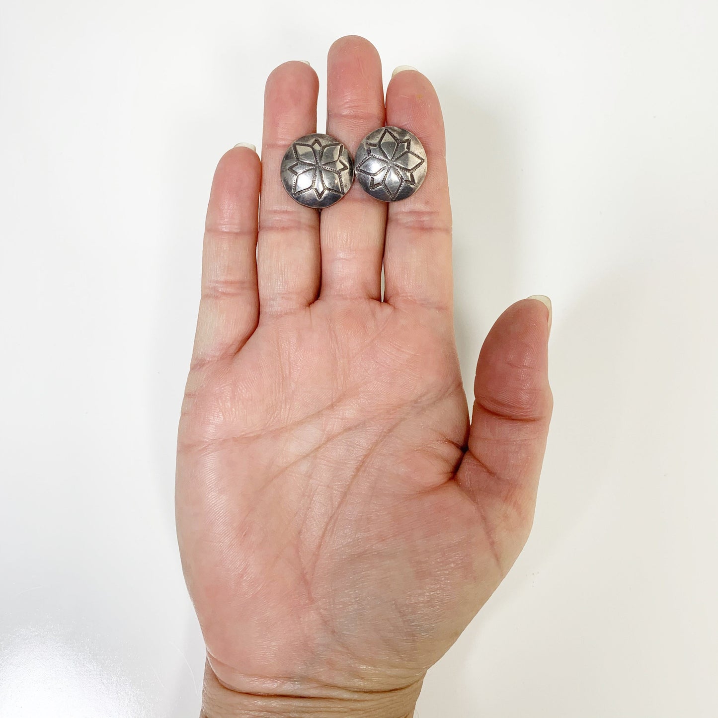 Vintage Silver Concho Stamped Earrings | Southwest Silver Conchos | Morning Star Screwback Earrings