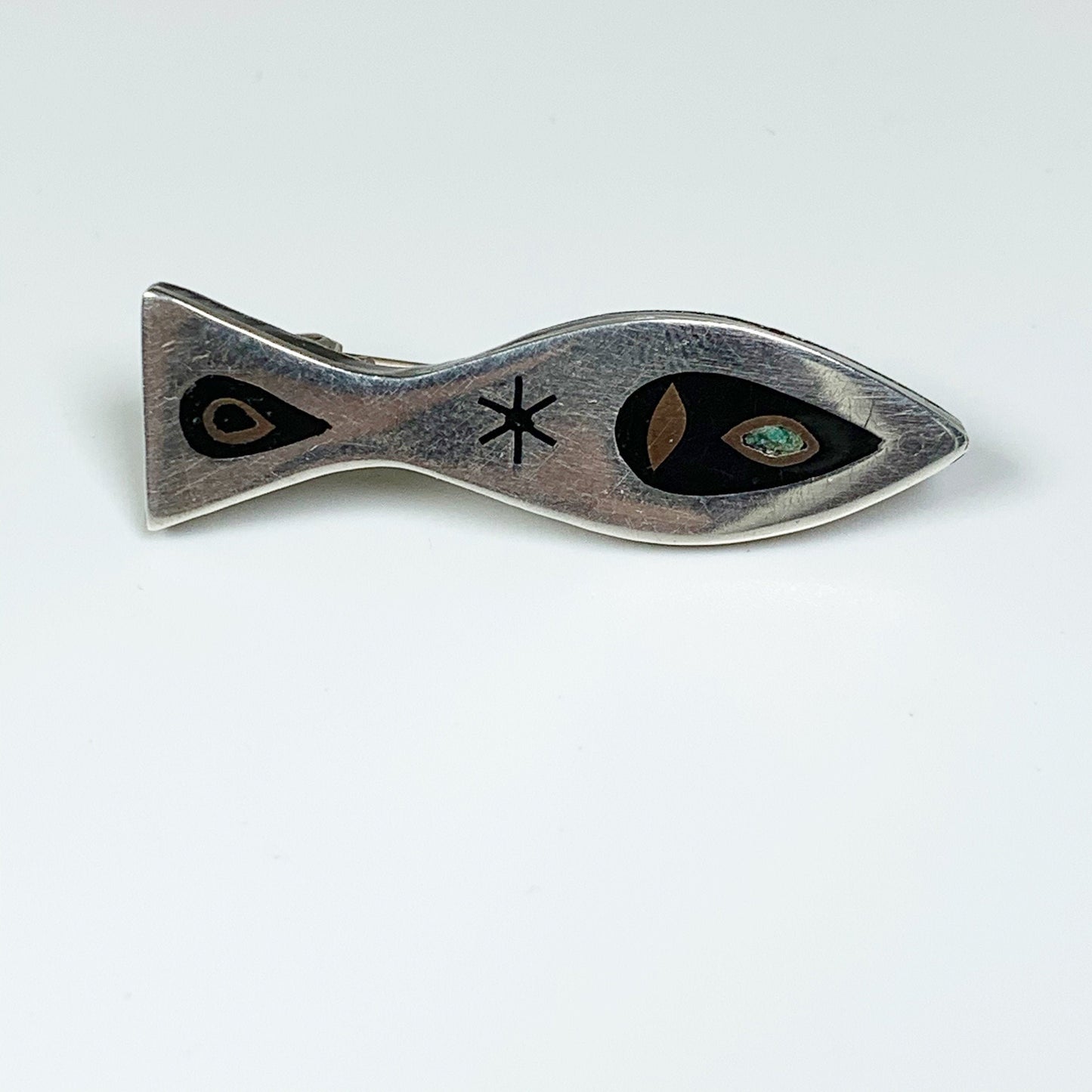 Vintage Mexican Inlay Fish Brooch | Silver Mixed Metal Modernist Brooch