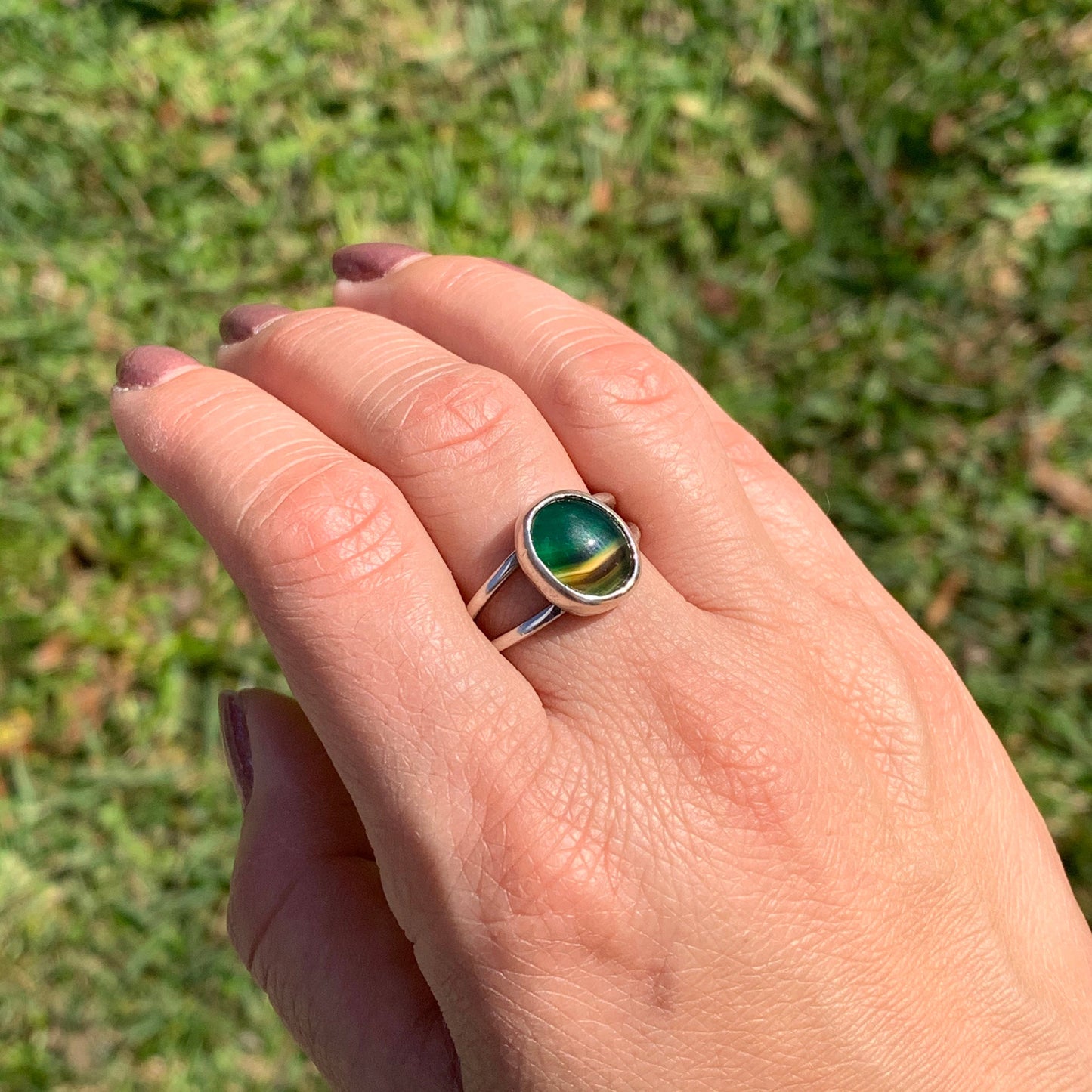 Vintage Silver Agate Ring | Green Banded Agate | US Size 8 Ring