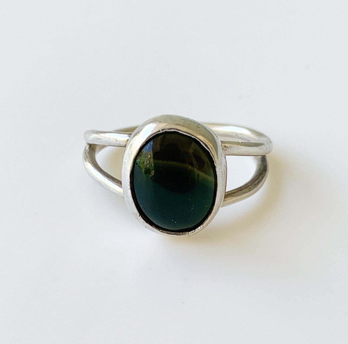 Vintage Silver Agate Ring | Green Banded Agate | US Size 8 Ring